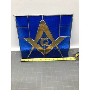 Vintage Freemason Masonic Hand Moade Blue Gold Stained Glass  ~11 1/2 x 10"
